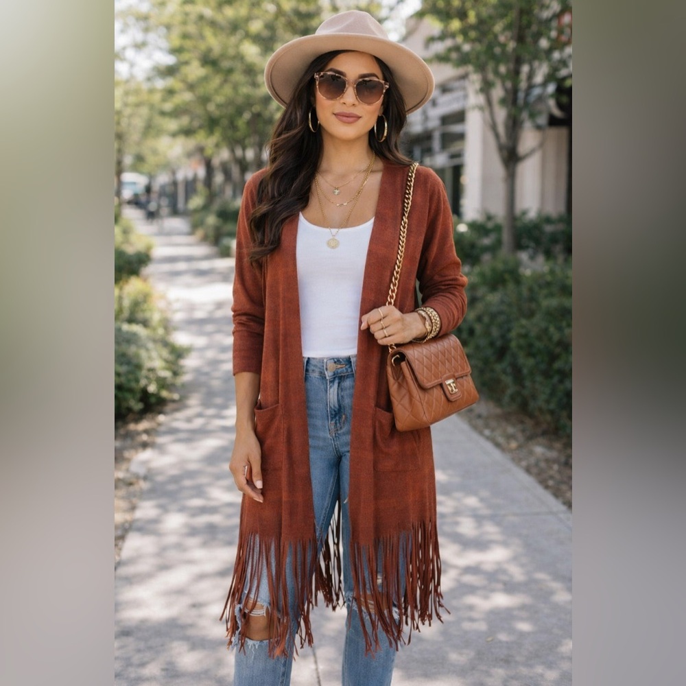 Lucky & Blessed Terracotta wyellow Fringed Cardigan Open front Shacket SZ:S NWOT